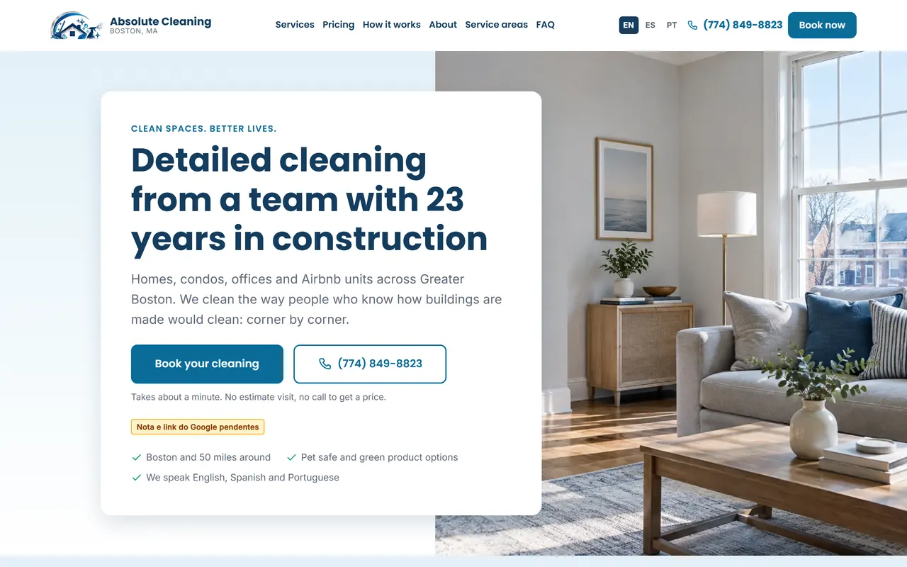 Primeira tela do site da Absolute Cleaning