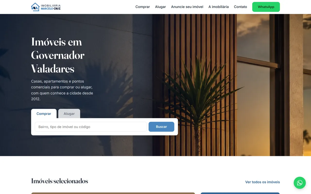 Primeira tela do site da Imobiliária Marcelo Cruz