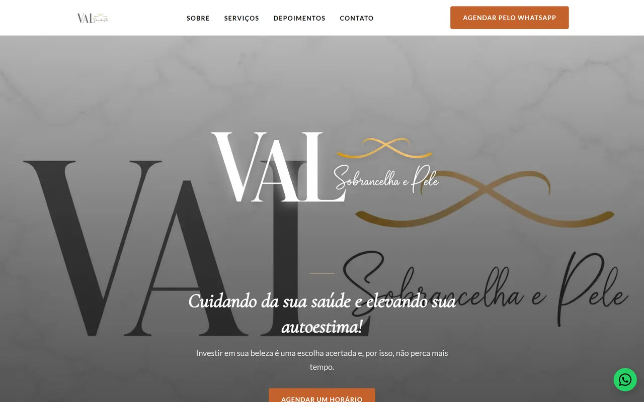 Primeira tela do site da Val Sobrancelha e Pele